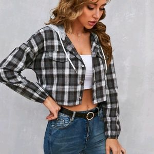 Plaid Drawstring Hooded Blouse